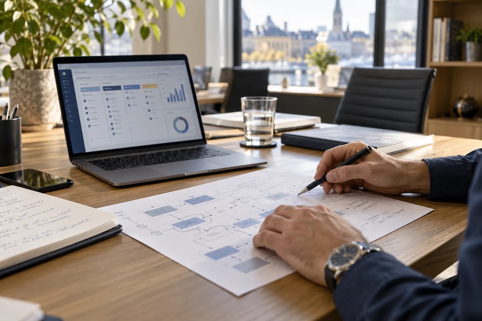 Hands reviewing a business process plan beside a laptop in a sunlit office